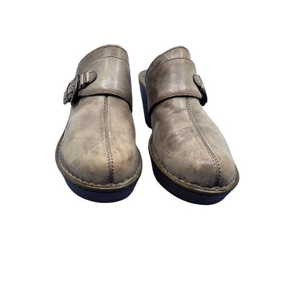 BORN Brown / Gray Leather Slip On Clog Women's Size 10 Shoe Mule Buckle Strap - Picture 2 of 16